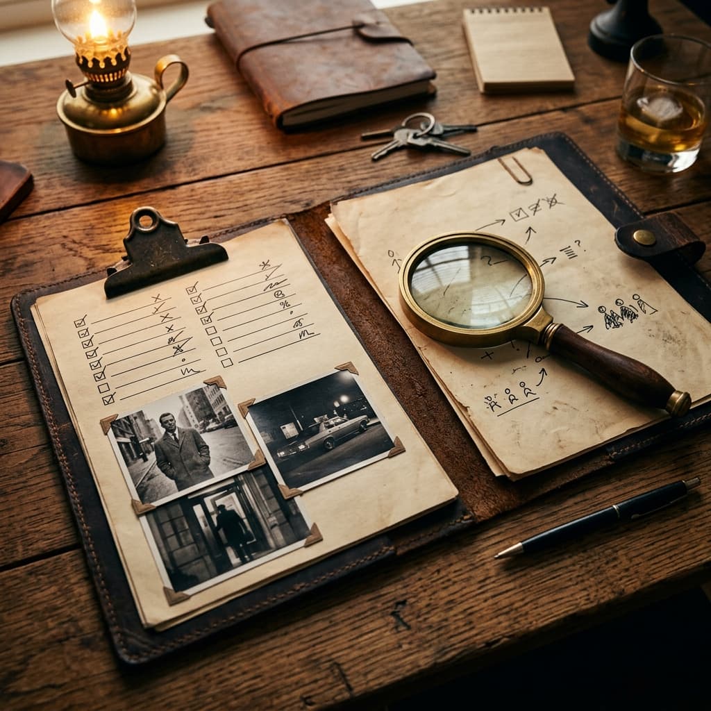 Onderzoeksdossier met checklist en vergrootglas